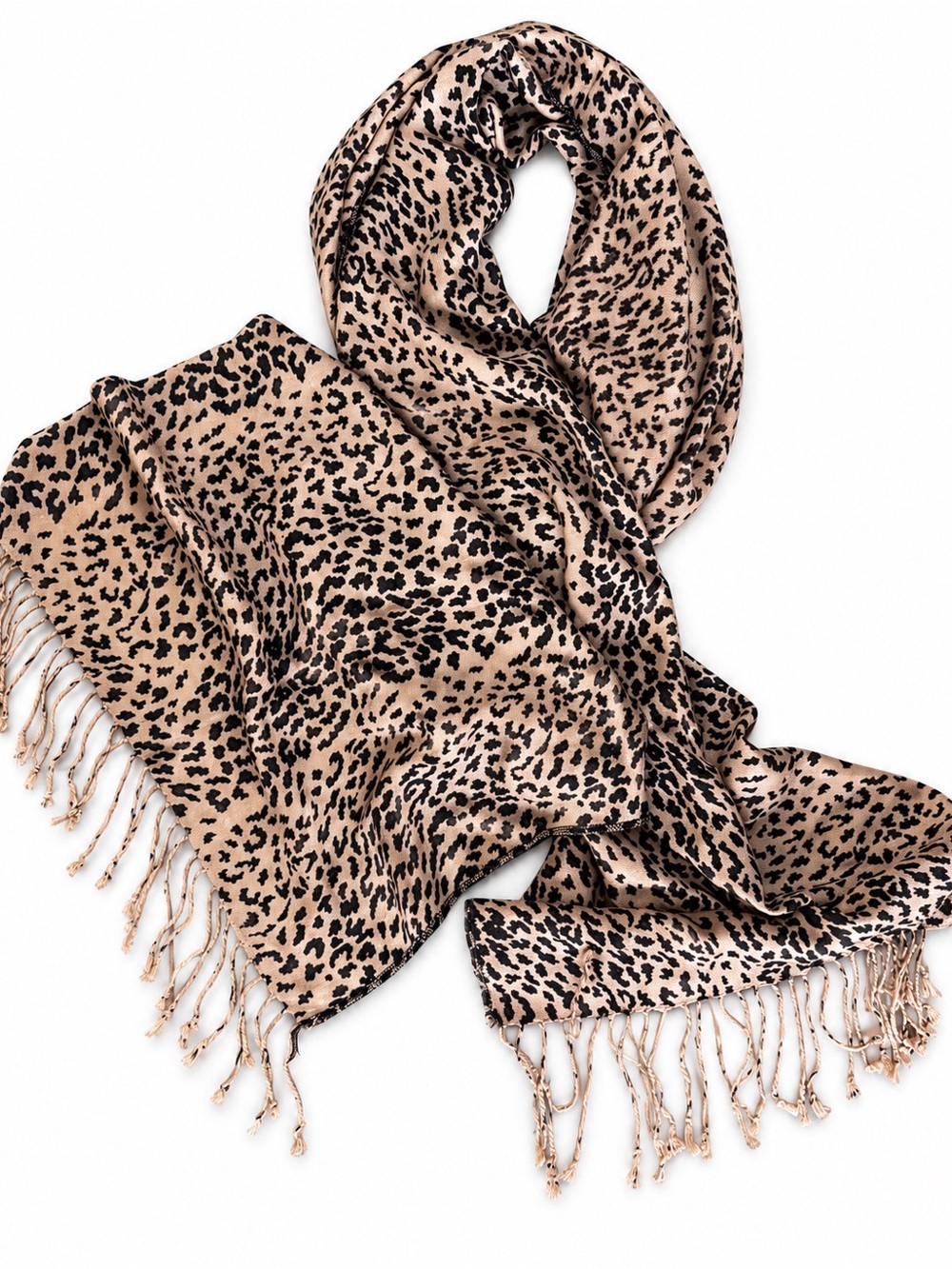 Animal Print Beige and Black Fringe Scarf - Women's Accessory